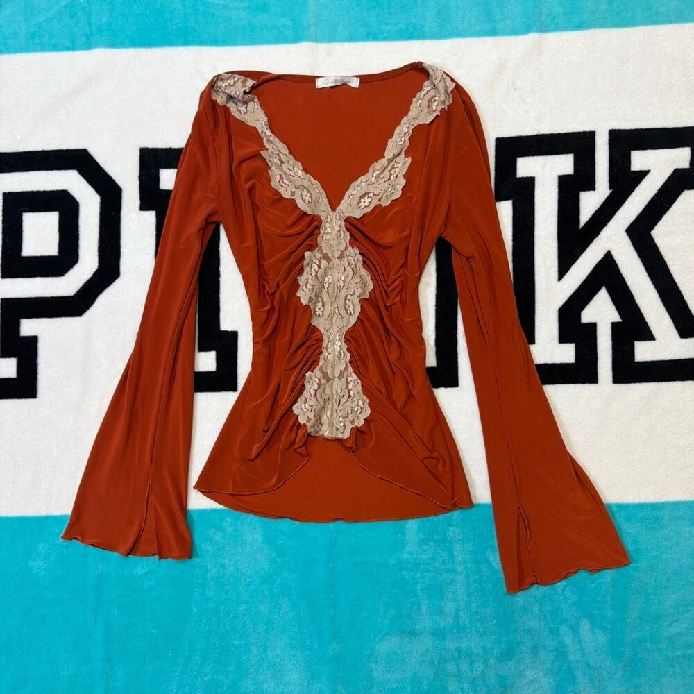 Vintage Charlotte Russe Y2K Deep Plunge Lace Bell Sleeve Orange Blouse Size L